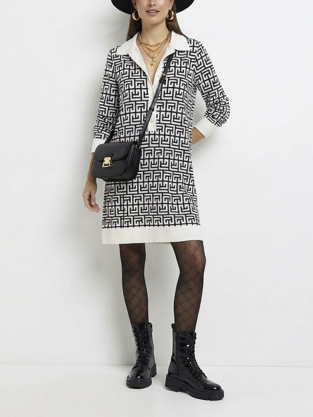 ✨ Uoozee Geometric Maze Print Polo Tunic Dress White Black Plus Size 3X 👗💥❤️